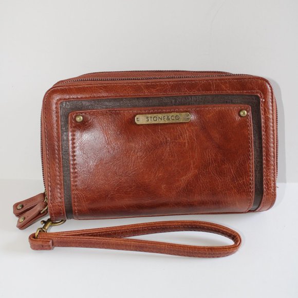 Stone & Co Handbags - Stone & Co Brown Faux Leather Zip Wallet/Wristlet